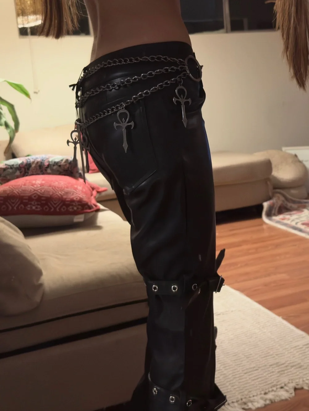 Dolls kill Darker Wavs Black Layered Chain Waist Belt with Cross Charms